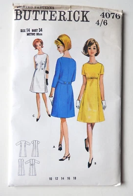 Butterick 4076 sewing pattern A-Line Dress w/ round neck sz 14  1966 FF UNCUT - Image 1 of 2