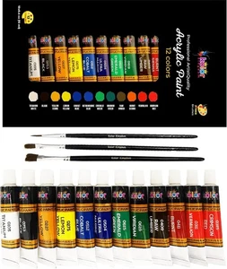 Acrylic Paint Set 12 Colours Canvas Paints Kit with 3 Paint Brushes for Crafts,K - Picture 1 of 4