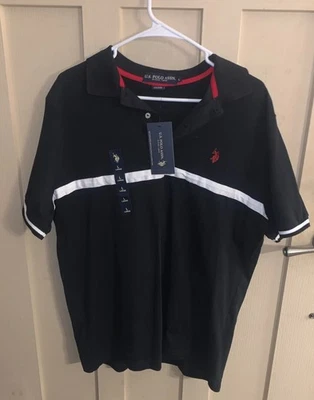 Polo Assn. dos EUA Polo masculino listrado cinza manga curta tamanho G algodão novo com etiquetas - Imagem 1 de 4