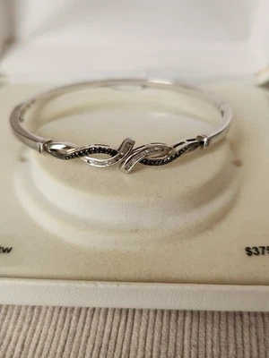 STERLING SILVER HINGED BANGLE BRACELET BLACk & CLEAR 1/4 CTTW DIAMOND - Image 1 of 4