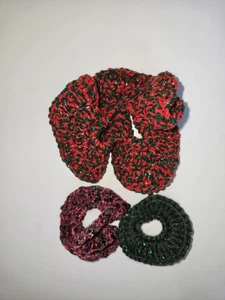 Handmade Holiday Hair Scrunchies LOT 3 Thick Hair Thin Hair Red Green Sparkle - Picture 1 of 2