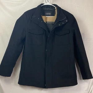 IZOD Men’s Wool Blend Peacoat Black Size Large Pockets Zipper Pull On The Left - Picture 1 of 7