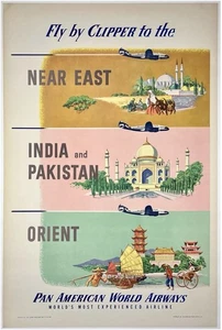 Original Vintage Poster PAN AM CLIPPER NEAR EAST INDIA ORIENT Airline Travel OL - Picture 1 of 5