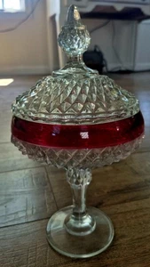 Vtg Indiana Diamond Point Cut Glass Cranberry/ Ruby Red Pedestal Candy Dish - Picture 1 of 9