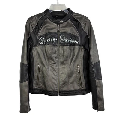 Harley Davidson Shadow Crest Black Gray Leather Motorcycle Jacket Women's Sz M - Image 1 of 4