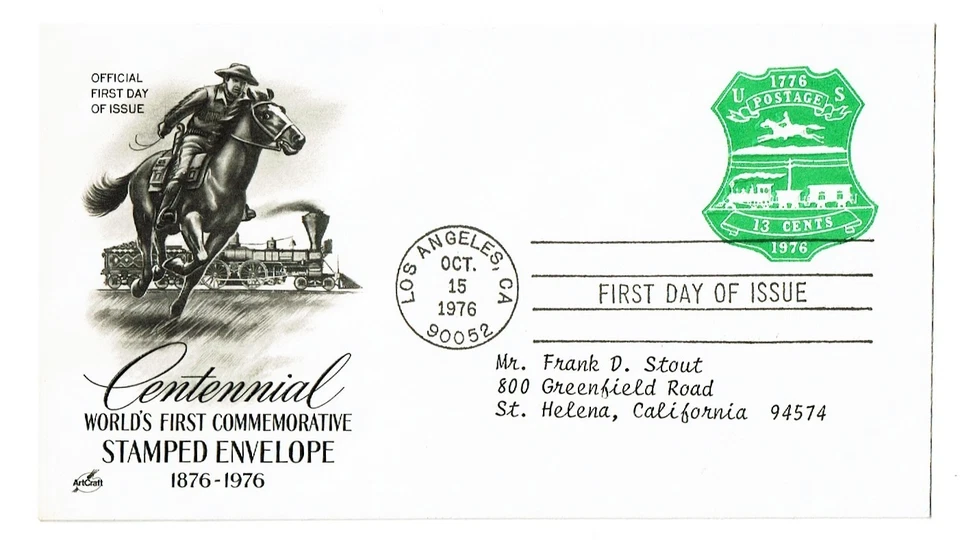 1976 U.S.STAMPED ENVELOPE FIRST DAY COVER  13c Emerald Sc#U582 See Note - Image 1 of 1
