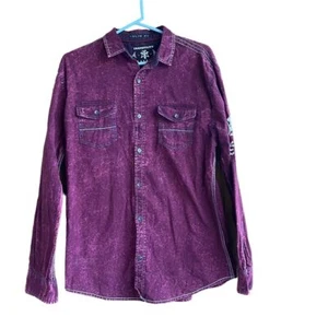 Tranquility Mayhem Slim Fit Burgundy Button Down Top Rebel Graphic Design Goth M - Picture 1 of 13
