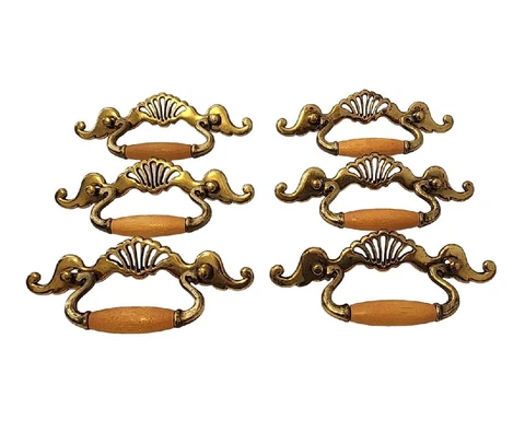 Vintage Drawer Pulls Handles Lot Of 6 Brass Tone Oak FRENCH PROVINCIAL Hardware Cover