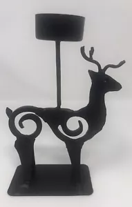 Primitive Reindeer Black Metal Tealight Candle Holder Rustic 7”x3.75” - Picture 1 of 1