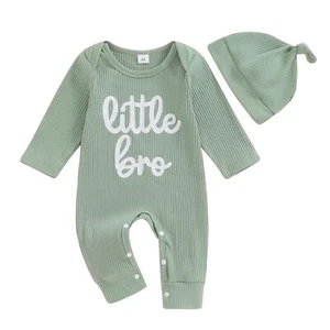 Newborn Baby Boy Romper Little Brother Print Knit Jumpsuit + Hat Infant Outfit - Picture 1 of 7