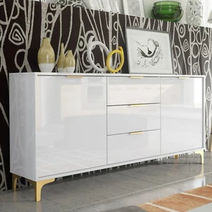 Luxury High Gloss Modern 140cm TV Unit Stand Sideboard Gold Finish Accents - Picture 1 of 5