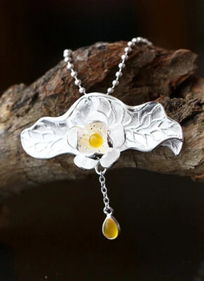 B06 Rimorchio Foglia Loto E Fiore Con Gialla Calcedonio Argento Sterling 925 - Immagine 1 di 4