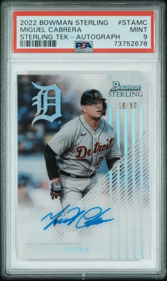 Tarjeta autógrafa Miguel Cabrera 2022 Bowman Sterling Tek #16/50 PSA ¡Como nueva 9! Foto 1 de 1