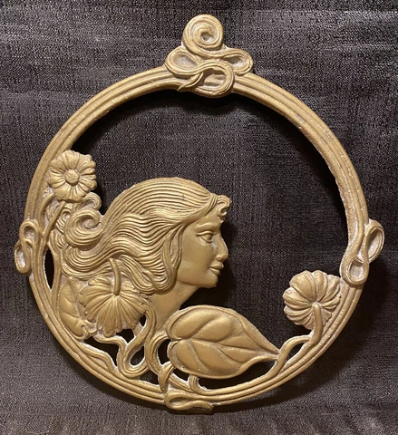 Vintage Art Nouveau Round Woman Mirror Frame Solid Brass Deco Cover