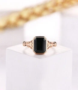 Black Onyx Emerald Cut Ring 8x10mm Moissanite Cluster 925 Sterling Silver Gift - Picture 1 of 6