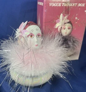 Vogue Trinket Box iridescent Lady with Pink Feathers Vintage With original Box - Picture 1 of 14
