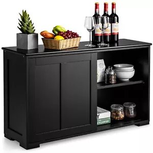 Kitchen Storage Cabinet Sideboard Buffet Cupboard Wood Sliding Door Pantry Black - Picture 1 of 12