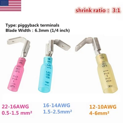 75/150PCS 3 Way 22-10AWG Wire Connectors Heat Shrink Piggyback Spade Terminals - Image 1 of 4