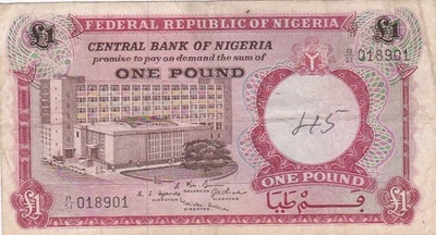 KAPPYSCOINS WC349 NIGERIA 1967 P8 ONE POUND BANK NOTE  FINE  PENCIL OBS - Image 1 of 2