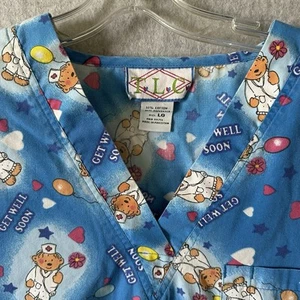 TLC Scrub Top Teddy Bear Nurse Short Sleeve Pockets Size Large Cotton 100% - Picture 1 of 9