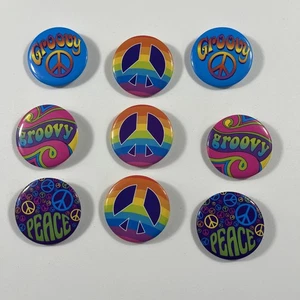 Pin Back Buttons Set Of 9 1.75 Inch Groovy & Peace - Picture 1 of 3