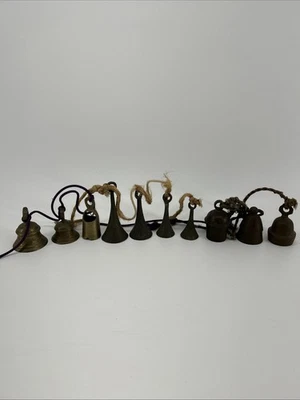 Large Lot Vintage Brass Bells  of Sarna India inscribed designs - Image 1 of 4