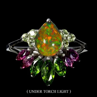 925 Sterling Silberring Ovaler Feueropal 8x6mm Peridot Edelstein Schmuck Größe 8 - Bild 1 von 4