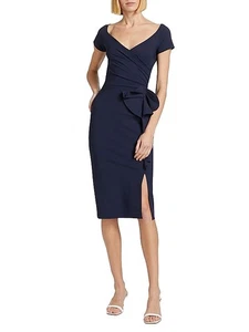 NWOT CHIARA BONI Youwen Navy Stretch Jersey Ruffle Wrap Sheath Dress, Size 40/4 - Bild 1 von 12