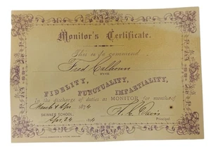 ANTIQUE MONITOR’S CERTIFICATE 1874, SIGNED BY PRINCIPAL - Picture 1 of 3