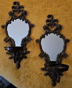 Applique da parete stile barocco ottone specchio portacandele metallo set 15" (2) India - Foto 1 di 11