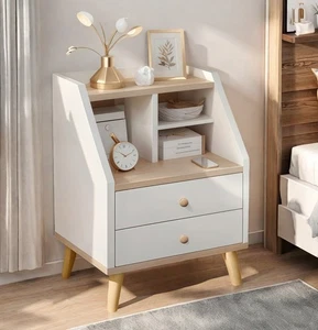 Bedside Table Bedroom Nordic Warm White Natural Wood Grain 2 Drawers Curve 2D-47 - Picture 1 of 11