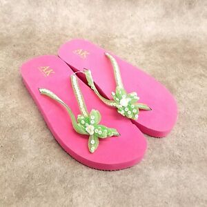 Anne Klein Womens Size 9 Pink Green Thong Flip Flop Slippers Flower Accent