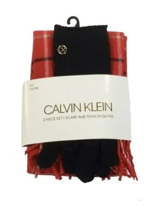 Calvin Klein Monogram Logo Scarf & Touch Glove 2pc Set Gray Black Red Pink New - Picture 1 of 16