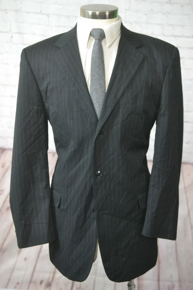 Andrew Fezza Mens Black Wool Pinstripe Pleated Front 2 Piece Suit 42L 36Wx28L - Image 1 of 4