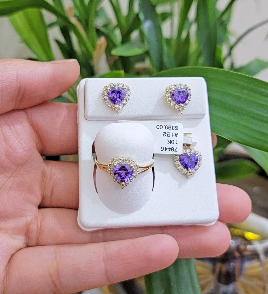Real 10k Yellow Gold Ladies Earring Ring And Pendant Purple Heart Amethyst Set.  - Image 1 of 4