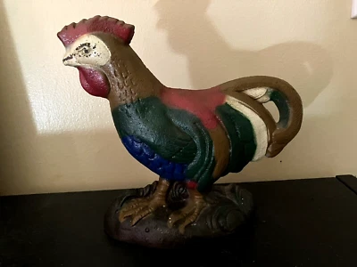 John Wright EE. UU. Primitivo Pintado Hierro Fundido Puerta Tope Gallo Pollo 7.5x6.75" Foto 1 de 4