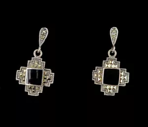 Deco Vintage Sterling Marcasite Argento Onice Nera Geometrico Pendenti - Foto 1 di 5