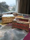  (2) Vtg Ormalu  Beveled Glass Jewelry Box Brass Filigree Casket Velvet Lining 