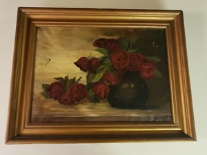 antike gerahmte Rosen in Vase Gemälde - Bild 1 von 11