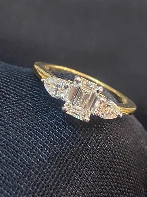Pave 1,10 Cts Emeraude Poire Coupe Diamants 3-Pierre Fiançailles Bague En 18K Or - Photo 1/4
