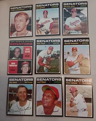 Lote de 9 tarjetas vintage Topps 1971 de los Senadores de Washington. CURT FLOOD Foto 1 de 4