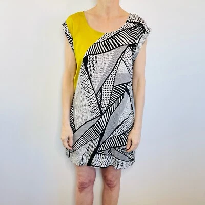 Vestido corto de diseñador Sass & Bide talla 8 XS negro amarillo retazos pop Foto 1 de 4