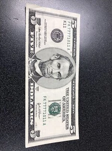 2003 A $5 Federal Reserve Note Fancy Serial Number 77771011 - Picture 1 of 2