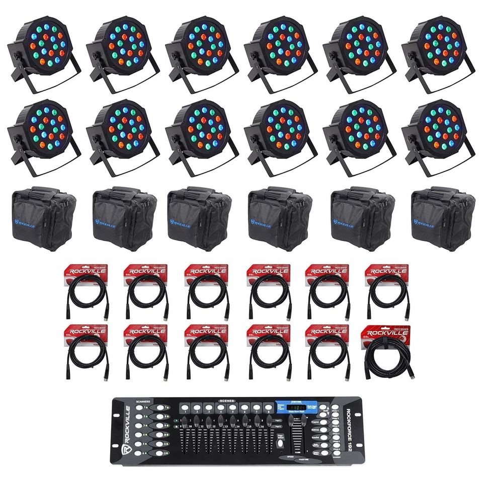 (12) Rockville RockPAR50 Par Can Wash Lights+192 Ch DMX Controller+Cables+Bags - Image 1 of 4