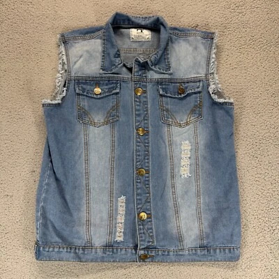 Fashion Art of Cowboy Men's Medium Denim Vest Distressed Sleeveless Jacket - Image 1 of 4