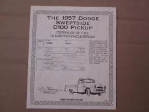 Danbury Mint Paperwork 1957 Dodge Swepside D100 Pickup - Picture 1 of 2