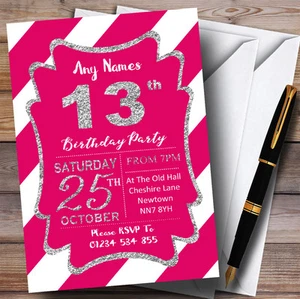 Pink White Diagonal Stripes Silver 13th Personalised Birthday Party Invitations - Picture 1 of 1