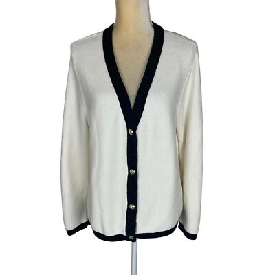 Talbots Contrast Trim Cardigan Ivory Black Gold Button Size XL petite Classic - Image 1 of 4