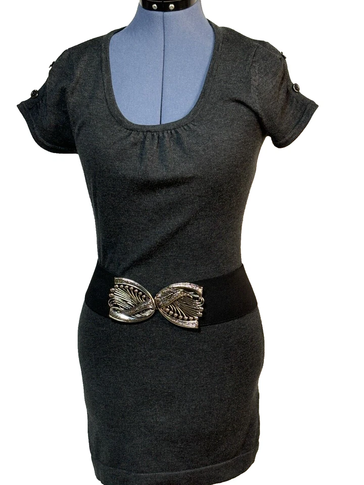 Body Central Ladies' Dress S Bodycon Belt Gray Buttons New Belt Stretch Metal - Image 1 of 4
