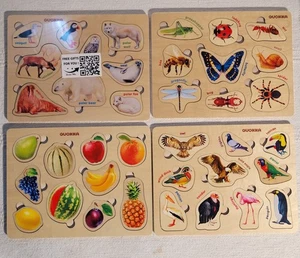 QUOKKA 4 Wooden Fruit Animal Bugs Bird Butterflies Puzzle Bundle Educational Toy - Picture 1 of 6
